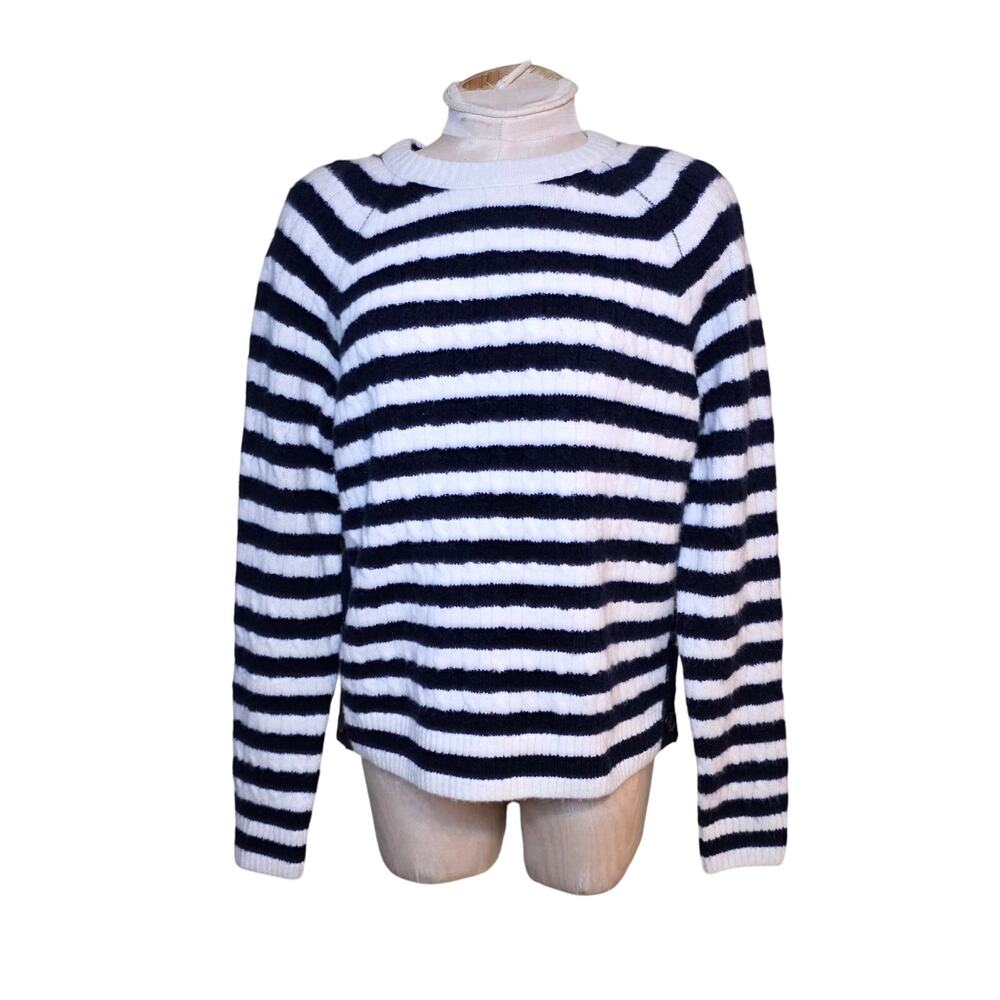 J. Crew Women M Wool Blend‎ Striped cable knit sweater Side buttons Navy Blue